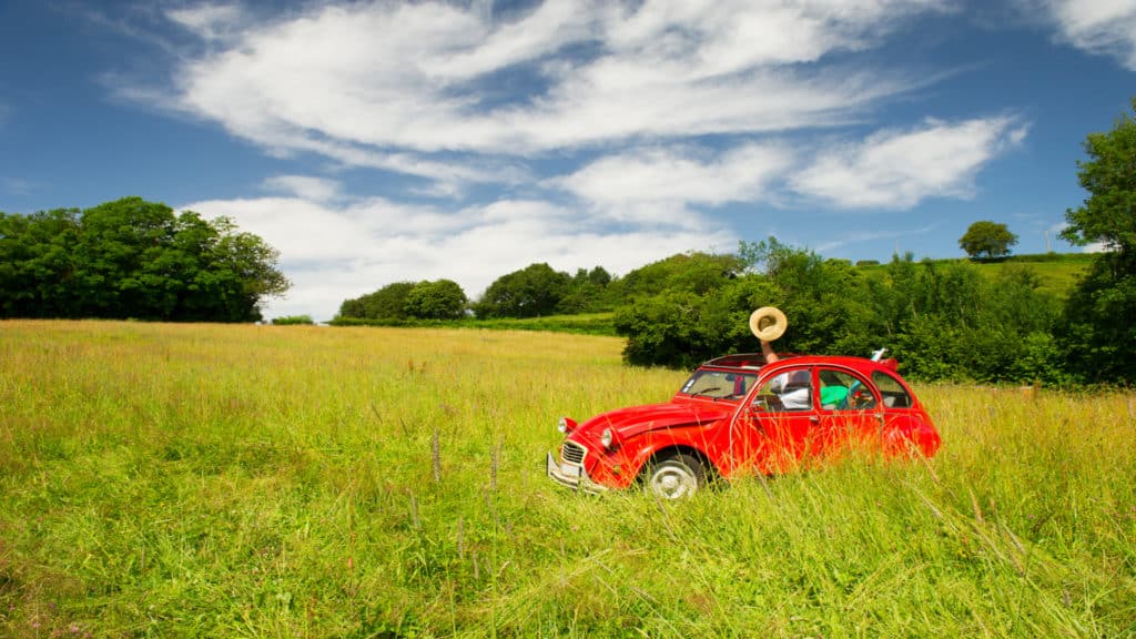 People in red 2CV in field