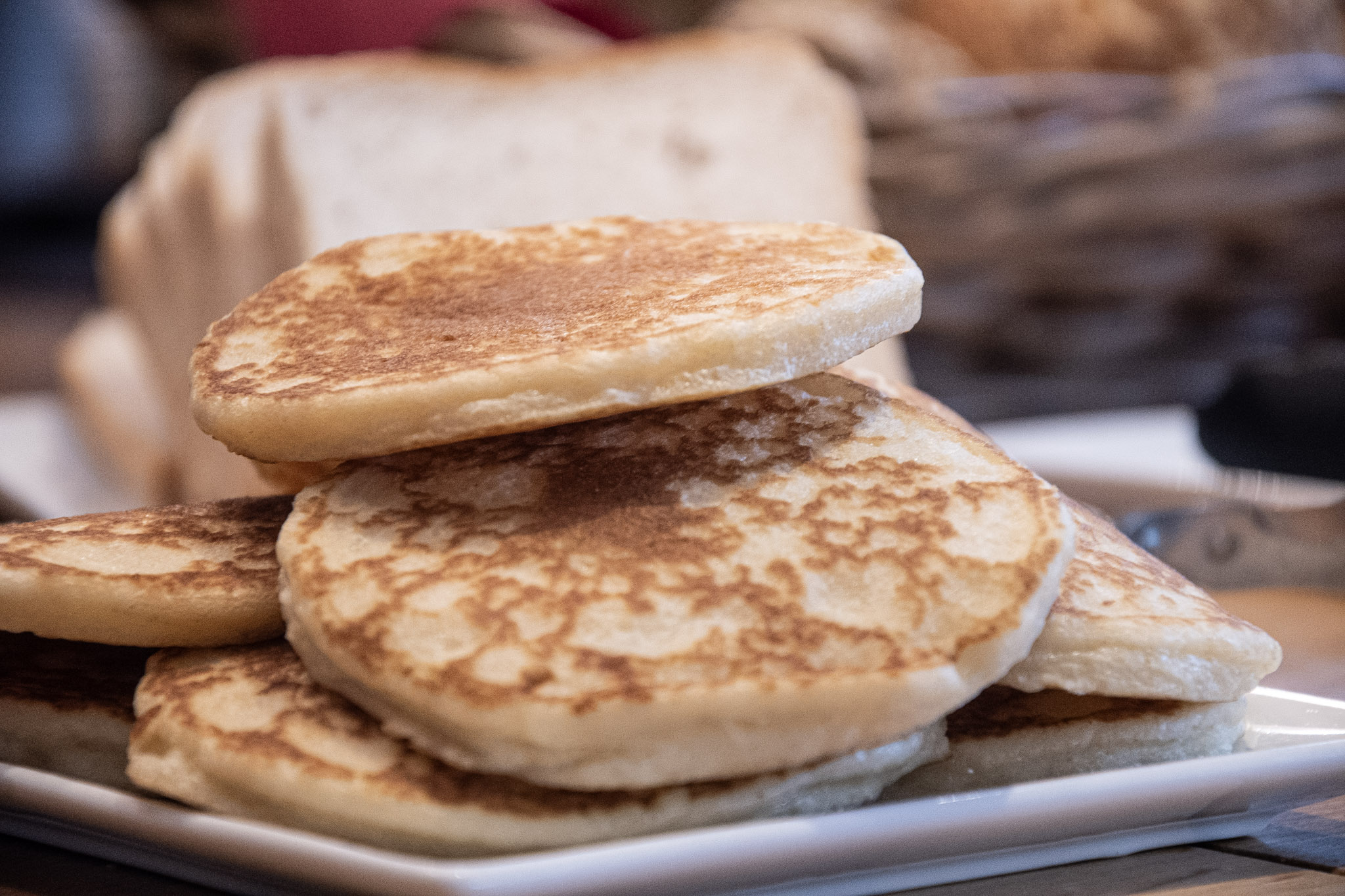 Pancakes and bread at the breakfast buffet